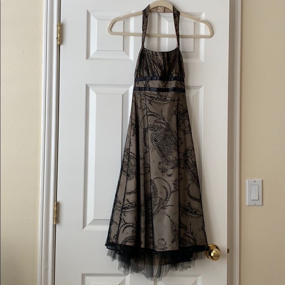 Beige dress with black sparkly lace detail